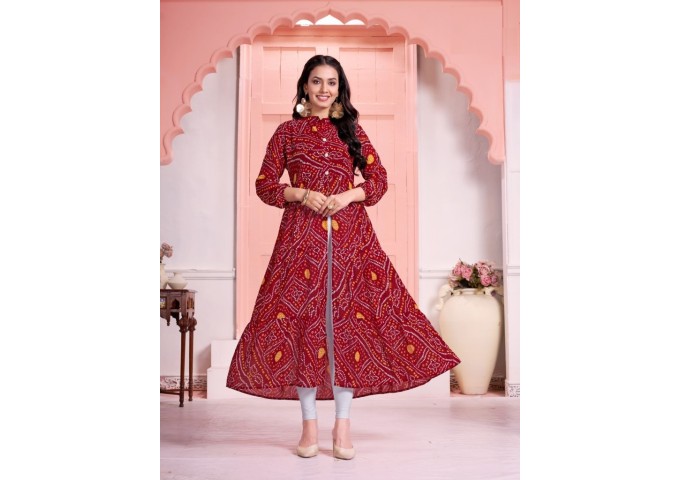 Long Flair Gown Bandhej Bandhani Maroon