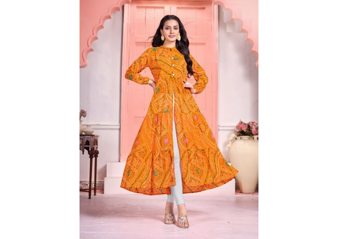 Long Flair Gown Bandhej Bandhani Orange