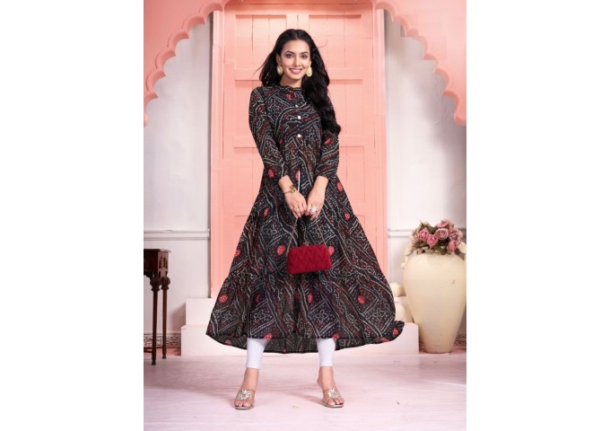 Long Flair Gown Bandhej Bandhani Black