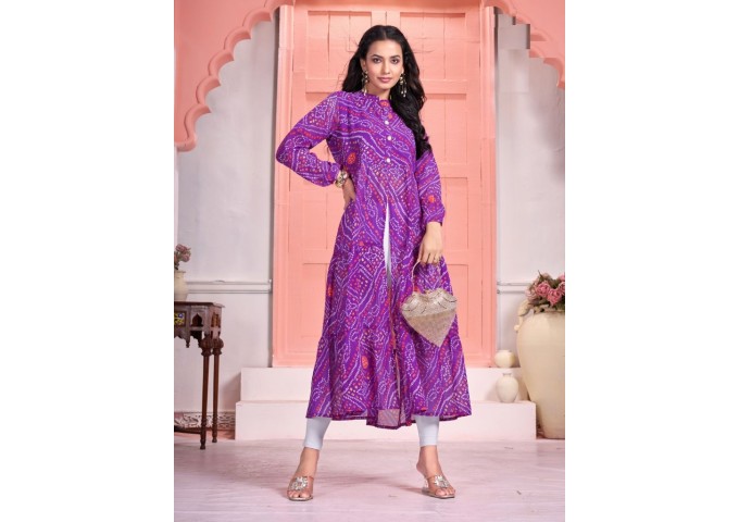 Long Flair Gown Bandhej Bandhani Purple