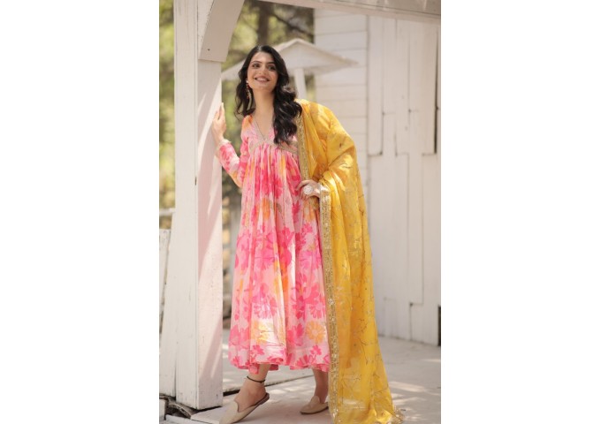 LFH  DN 1104 PREMIUM READYMADE CUT GOWN WITH DUPATTA SET PINK