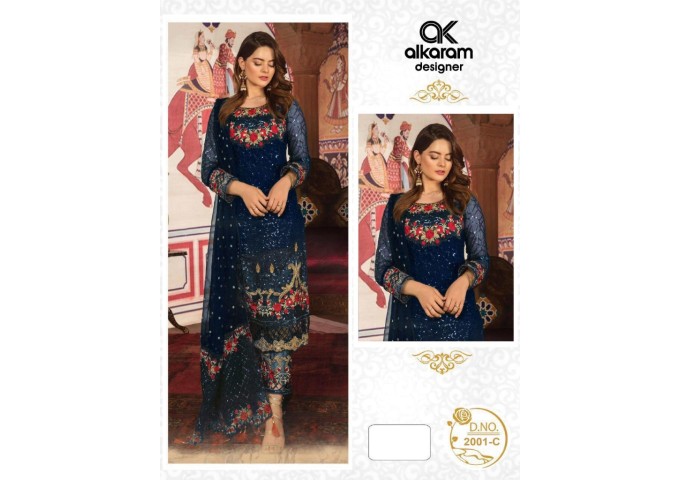 Alkaram DN 2001 Heavy Georgette with Heavy Embroidery and Sequence work Palazzo Suit Blue