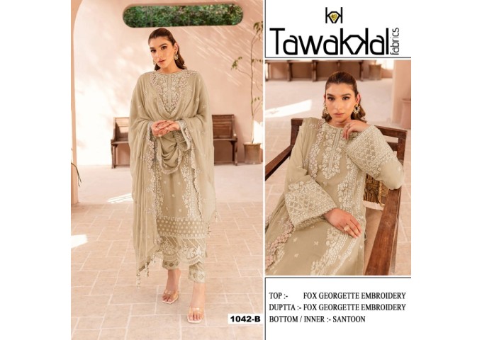 Tawaklal Heavy Fox Georgette With Heavy Embroidery DN 1042 Suit Light Crème 