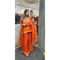 LFH ND DN 5023 Pure Heavy Chinnon Silk With Heavy Embroidery Coding Sequence Work With Full Embroidery Sleeve Suit Orange