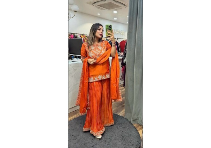 LFH ND DN 5023 Pure Heavy Chinnon Silk With Heavy Embroidery Coding Sequence Work With Full Embroidery Sleeve Suit Orange