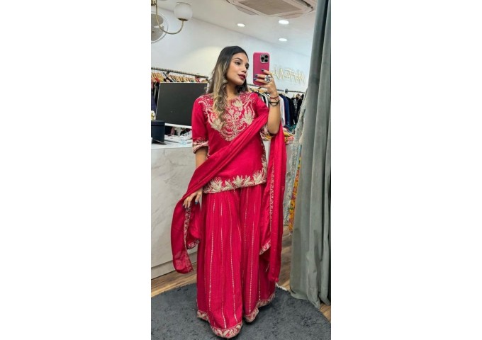 LFH ND DN 5023 Pure Heavy Chinnon Silk With Heavy Embroidery Coding Sequence Work With Full Embroidery Sleeve Suit Red