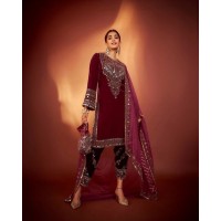 LFH BE DN 281  VISCOS VELVET SEQUENCE EMBROIDERY WORK WITH MIROR WORK PLAZZO SUIT DARK BROWN 