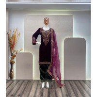 LFH BE DN 281  VISCOS VELVET SEQUENCE EMBROIDERY WORK WITH MIROR WORK PLAZZO SUIT DARK PURPLE