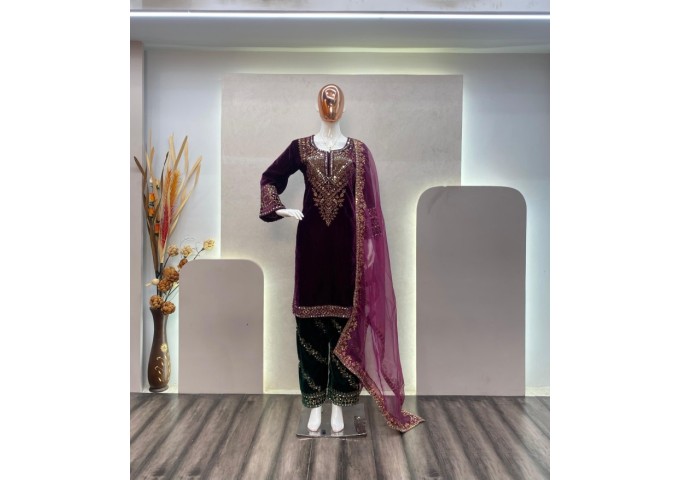 LFH BE DN 281  VISCOS VELVET SEQUENCE EMBROIDERY WORK WITH MIROR WORK PLAZZO SUIT DARK PURPLE