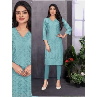 Long Chandairi Kurti With Heavy Chicken Work Sky Blue