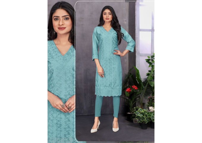 Long Chandairi Kurti With Heavy Chicken Work Sky Blue