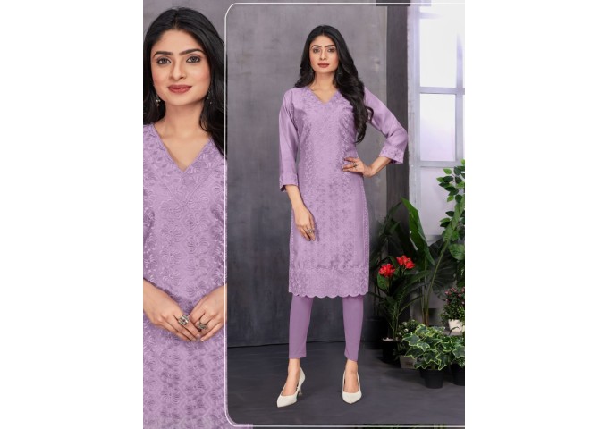 Long Chandairi Kurti With Heavy Chicken Work Purple