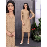 Long Chandairi Kurti With Heavy Chicken Work Brown