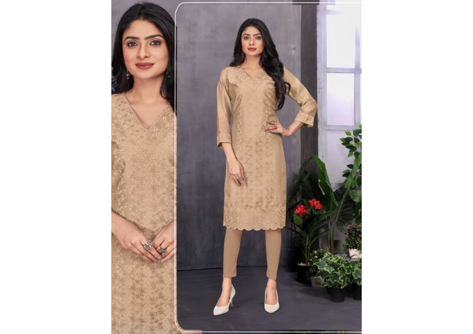 Long Chandairi Kurti With Heavy Chicken Work Brown