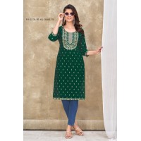 Teerthi Magic Slub Kurtis With Fancy Embroidery Work Green