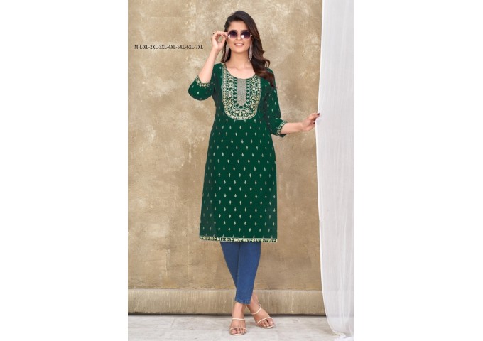 Teerthi Magic Slub Kurtis With Fancy Embroidery Work Green