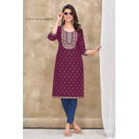 Teerthi Magic Slub Kurtis With Fancy Embroidery Work Purple