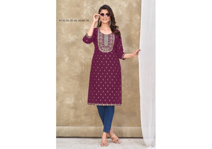 Teerthi Magic Slub Kurtis With Fancy Embroidery Work Purple