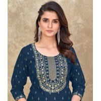 Teerthi Magic Slub Kurtis With Fancy Embroidery Work Blue