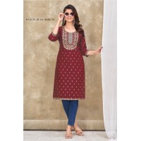 Teerthi Magic Slub Kurtis With Fancy Embroidery Work Maroon