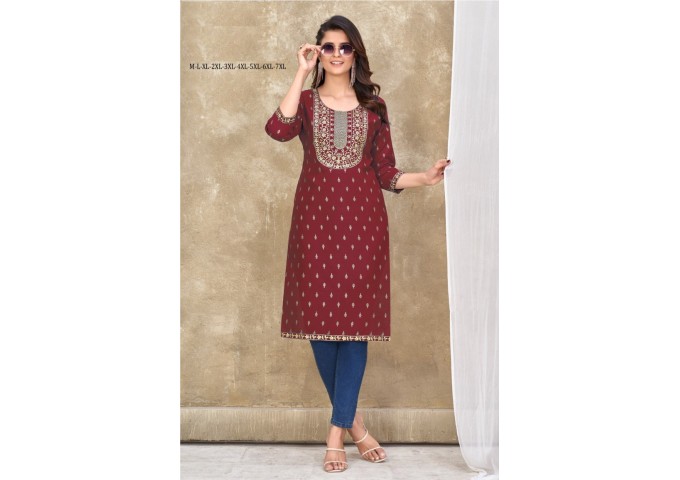 Teerthi Magic Slub Kurtis With Fancy Embroidery Work Maroon