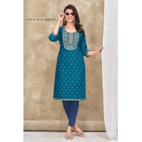 Teerthi Magic Slub Kurtis With Fancy Embroidery Work Shine Blue