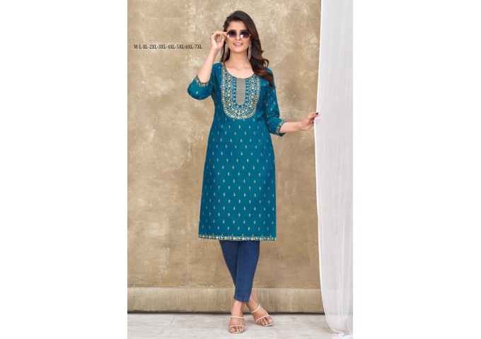 Teerthi Magic Slub Kurtis With Fancy Embroidery Work Shine Blue