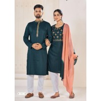 Designer Couple Collection Ladies Kurtis Pant Dupptta And Mens Kurta Pyjama Green