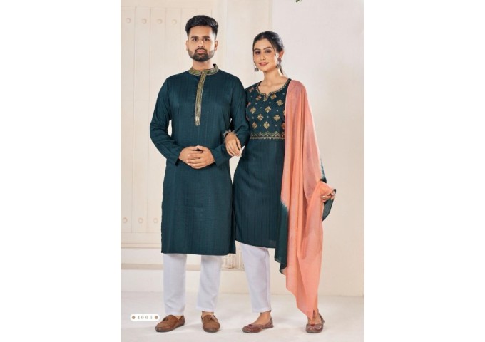 Designer Couple Collection Ladies Kurtis Pant Dupptta And Mens Kurta Pyjama Green