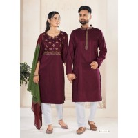 Designer Couple Collection Ladies Kurtis Pant Dupptta And Mens Kurta Pyjama Brown