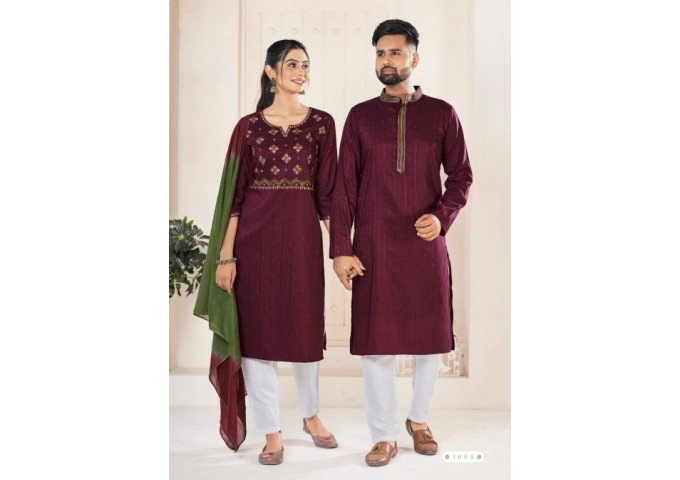 Designer Couple Collection Ladies Kurtis Pant Dupptta And Mens Kurta Pyjama Brown