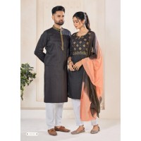 Designer Couple Collection Ladies Kurtis Pant Dupptta And Mens Kurta Pyjama Grey