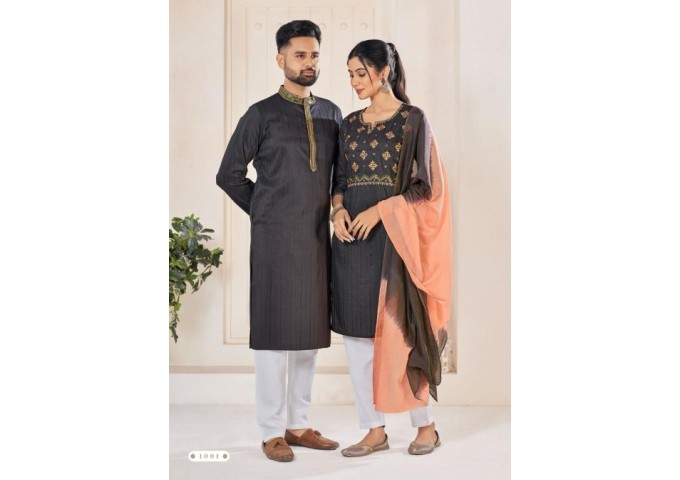 Designer Couple Collection Ladies Kurtis Pant Dupptta And Mens Kurta Pyjama Grey