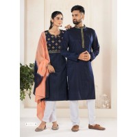 Designer Couple Collection Ladies Kurtis Pant Dupptta And Mens Kurta Pyjama Blue