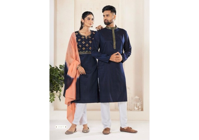 Designer Couple Collection Ladies Kurtis Pant Dupptta And Mens Kurta Pyjama Blue