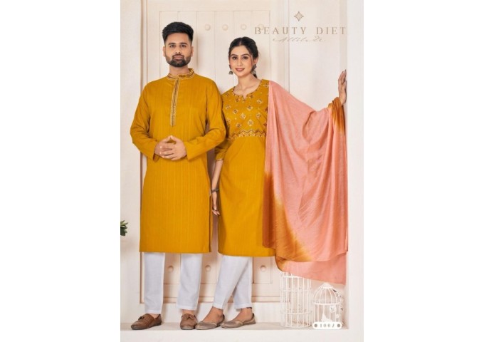 Designer Couple Collection Ladies Kurtis Pant Dupptta And Mens Kurta Pyjama Yellow