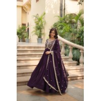 LFH LW Dn 9195 Faux Blooming With Sequins-Multi & Zari Embroidered Work Gown Maroon Wine