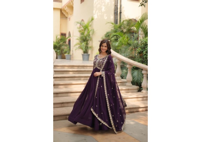 LFH LW Dn 9195 Faux Blooming With Sequins-Multi & Zari Embroidered Work Gown Maroon Wine