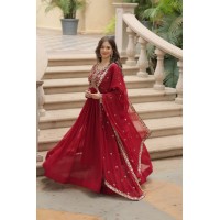 LFH LW Dn 9195 Faux Blooming With Sequins-Multi & Zari Embroidered Work Gown Maroon