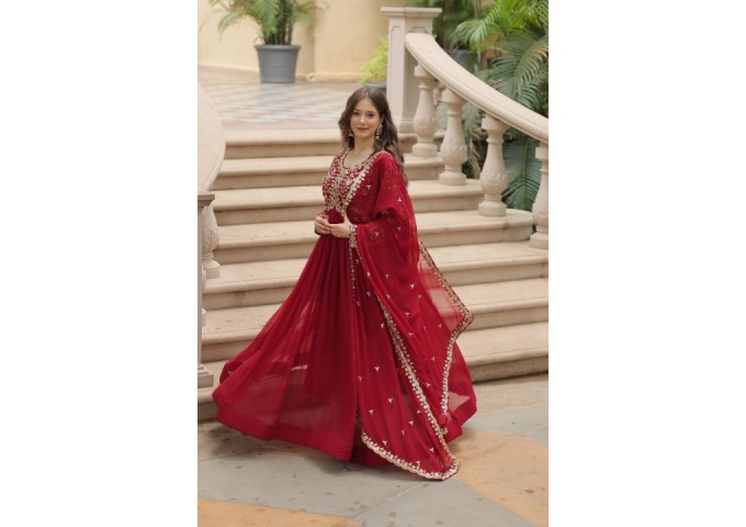 LFH LW Dn 9195 Faux Blooming With Sequins-Multi & Zari Embroidered Work Gown Maroon