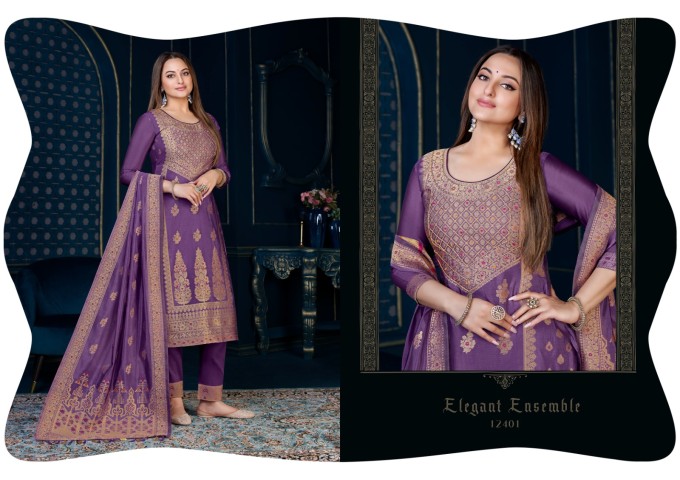 LILY AND LALI SILK KARI-3 SUIT PURPLE