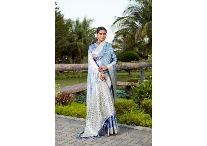 Kanjivaram Soft Satin Silk Saree Sky Blue