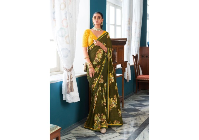 Stavan Jharokha Heavy Weight Less With Work Blouse Saree Yellow| Mehandi Green