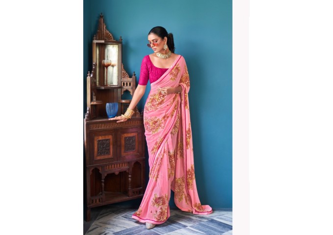 Stavan Jharokha Heavy Weight Less With Work Blouse Saree Pink 1