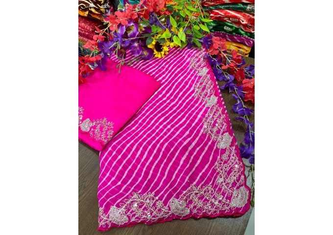 Pitta Lajeriya Pure CxC Georgette Saree Sawan Special Beautiful Unique Leheriya Print Saree Pink