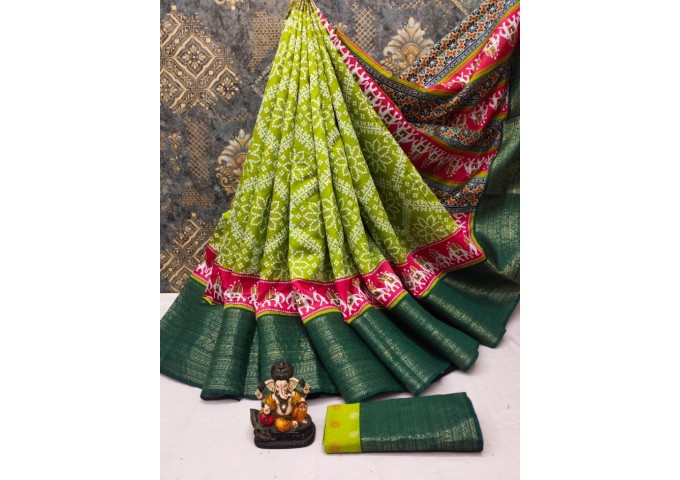 Rampyari Soft Patola Print In Dola Silk Fabric Saree Green