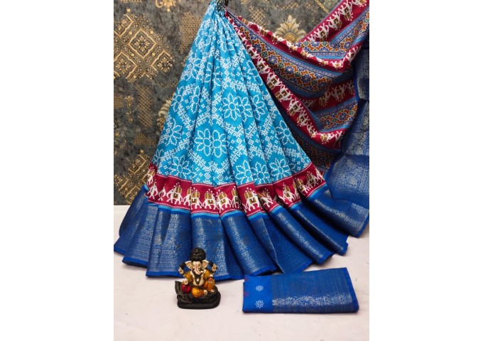 Rampyari Soft Patola Print In Dola Silk Fabric Saree Sku Blue