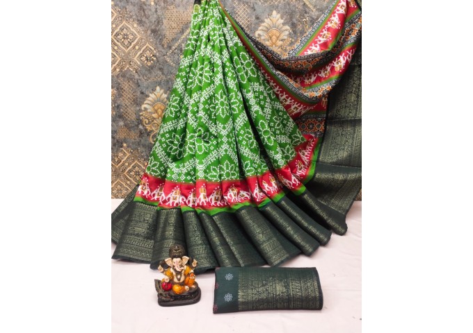 Rampyari Soft Patola Print In Dola Silk Fabric Saree Green 2