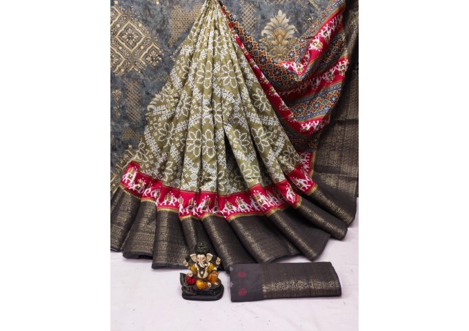 Rampyari Soft Patola Print In Dola Silk Fabric Saree Grey