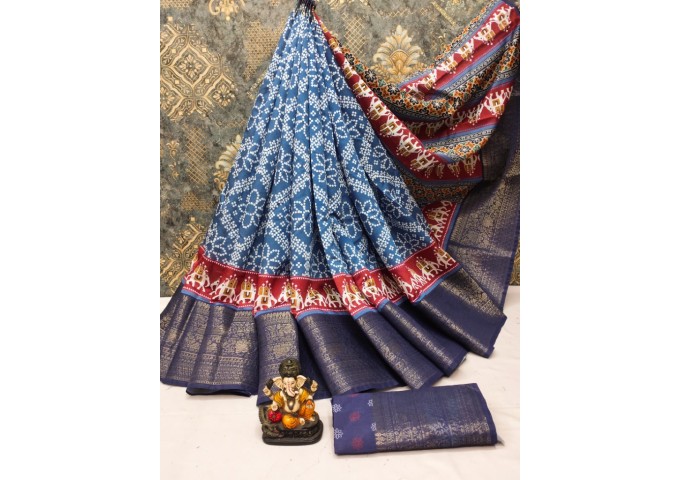 Rampyari Soft Patola Print In Dola Silk Fabric Saree Blue 2